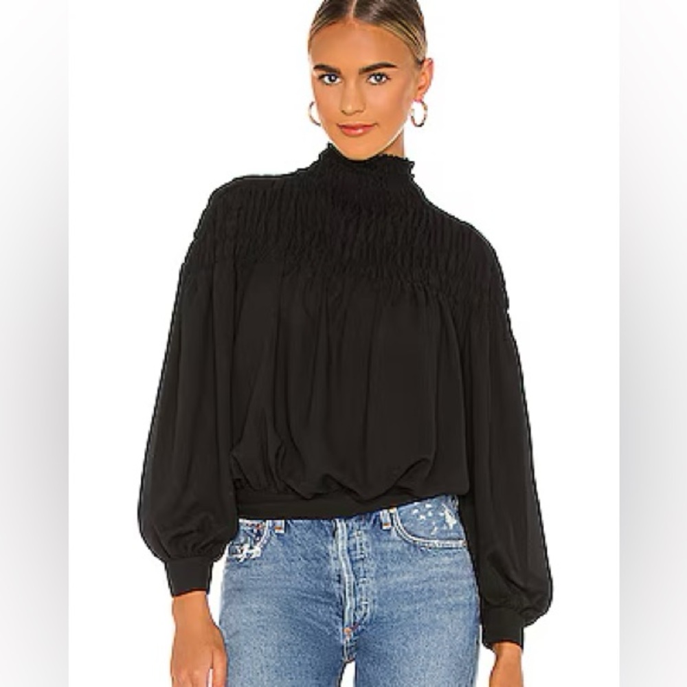 1.State Smocked Neck Blouse in Rich Black
